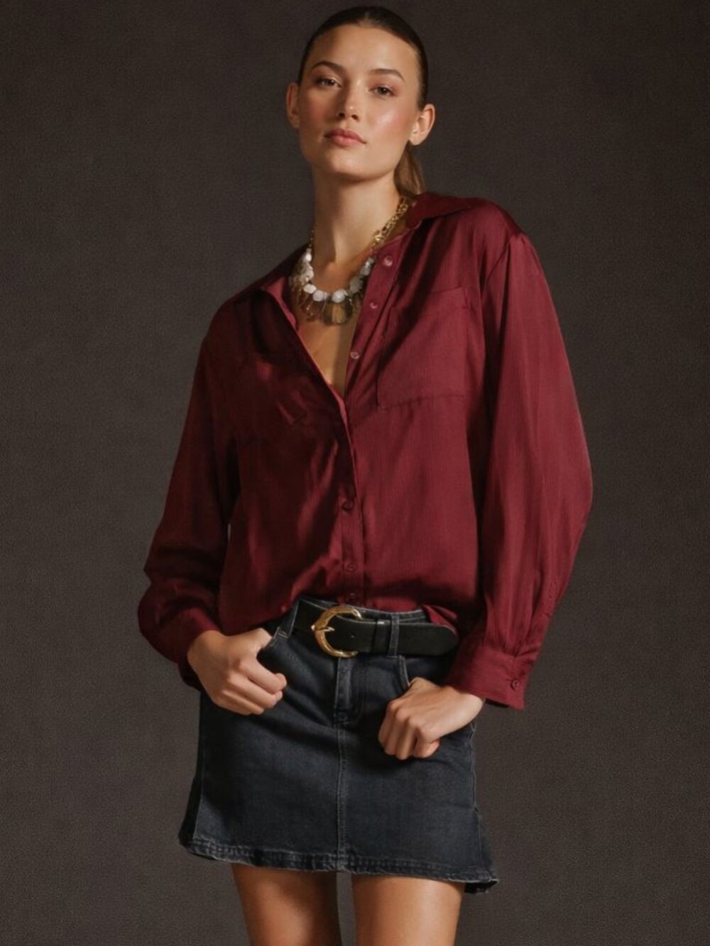 Anthropologie Satin Button Down Blouse Wine Medium